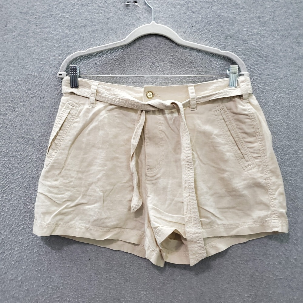 Guess Women Shorts Large Beige Bermuda Linen‎ Blend Waist Tie Pockets Inseam 3"